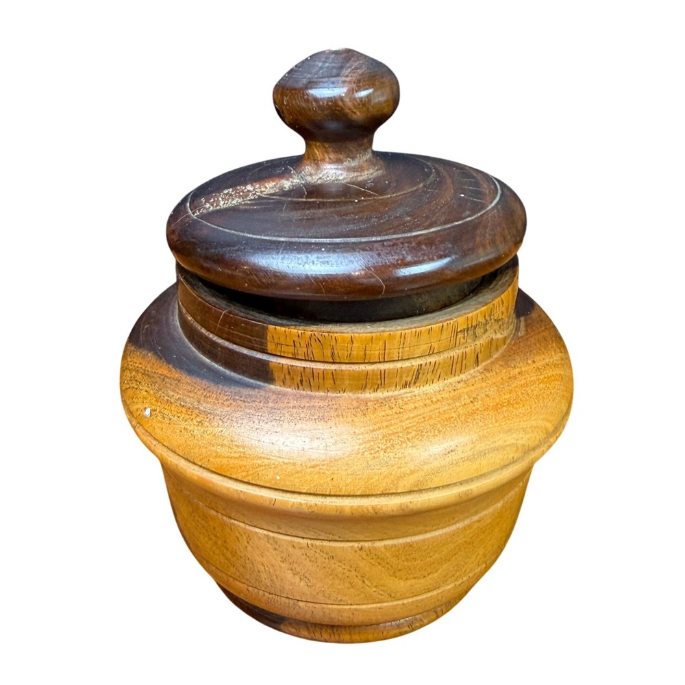 Hand Turned Wood Jar Lidded Vessel Brown Two Tone Small Vintage Decor Pot READ